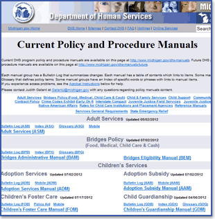 Screen shot of Current Policy and Procedure Manuals