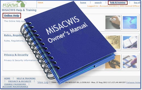 Screen shot of MiSACWIS Home Page - Online Help tab and help & training highlighted