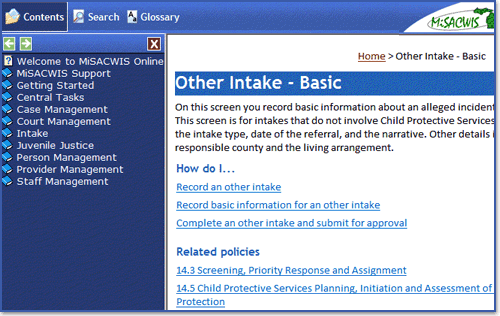 Screen shot of online help