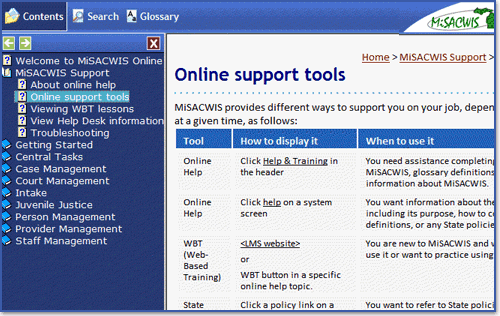 Screen shot of online help